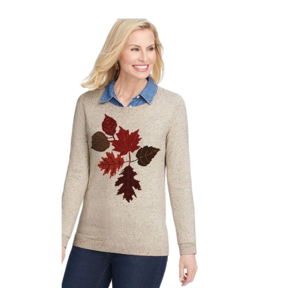 Talbots Beige Crewneck‎ Leaf Motif Light Sweater Earthy Tones SZ S Retail $89.50